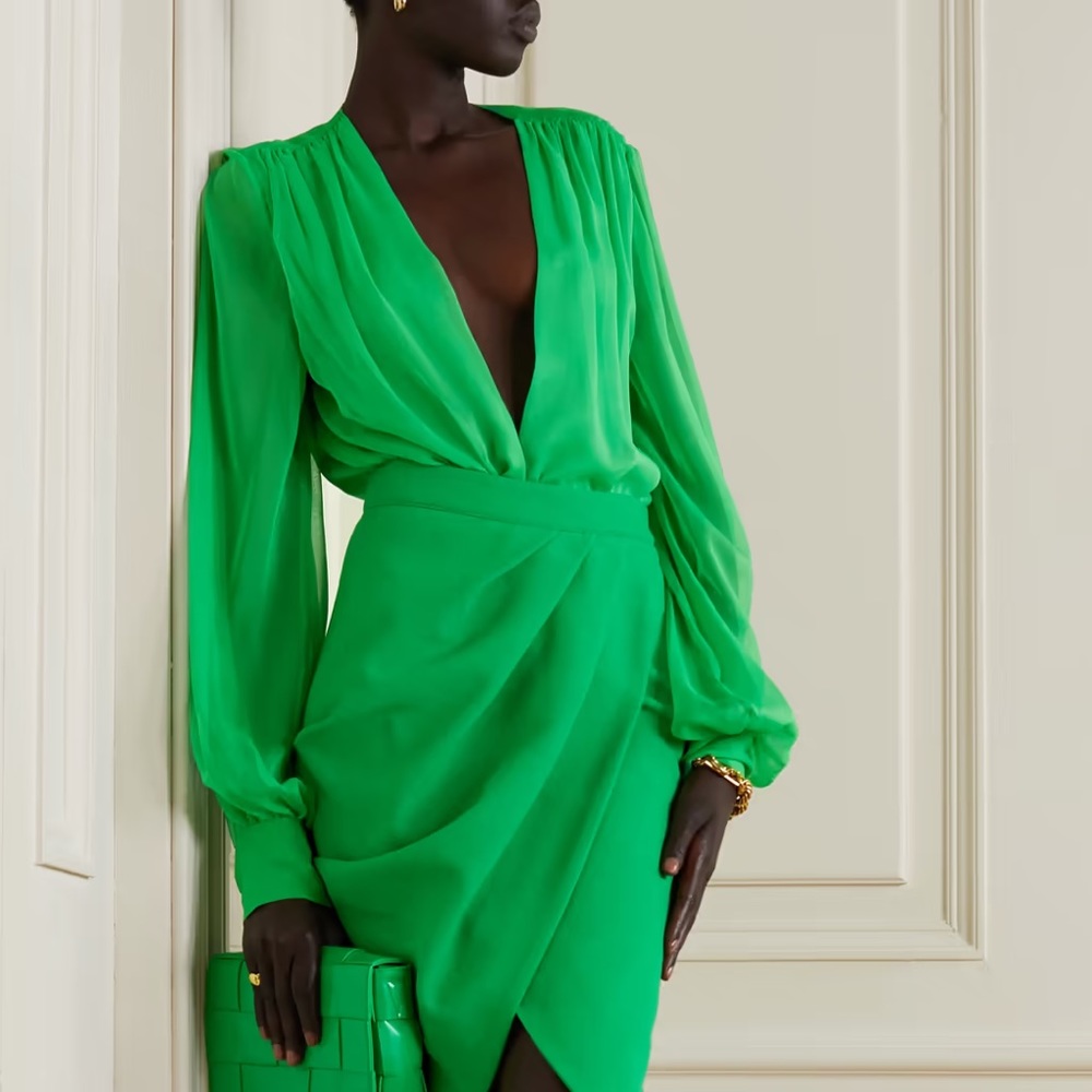 Sergio Hudson green gathered silk chiffon and mesh bodysuit NWT